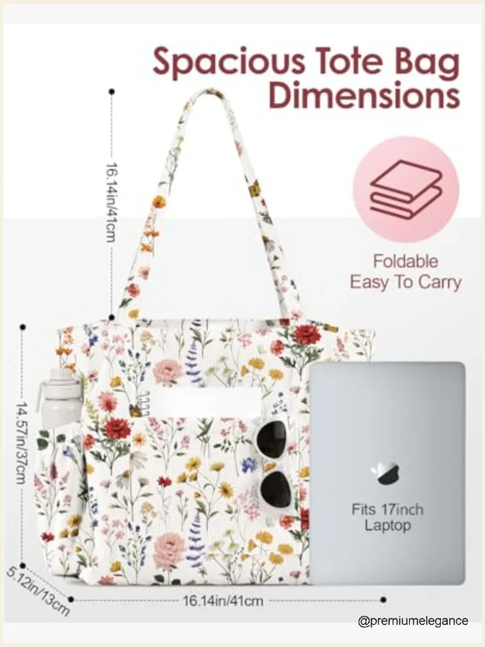 Large Corduroy Tote Bag with Zipper Multi-Pocket Shoulder Bag for School Work